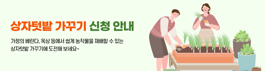 상자텃밭 가꾸기 신청안내: 가정의 베란다, 옥상 등에서 쉽게 농작물을 재배할 수 있는 상자텃밭 가꾸기에 도전해 보세요~
