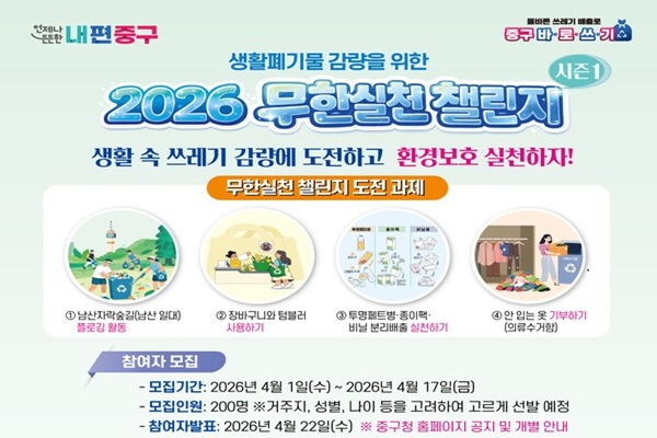 중구, '무한실천 챌린지' 참여자 200명 모집…생활폐기물 감량 나선다 썸네일