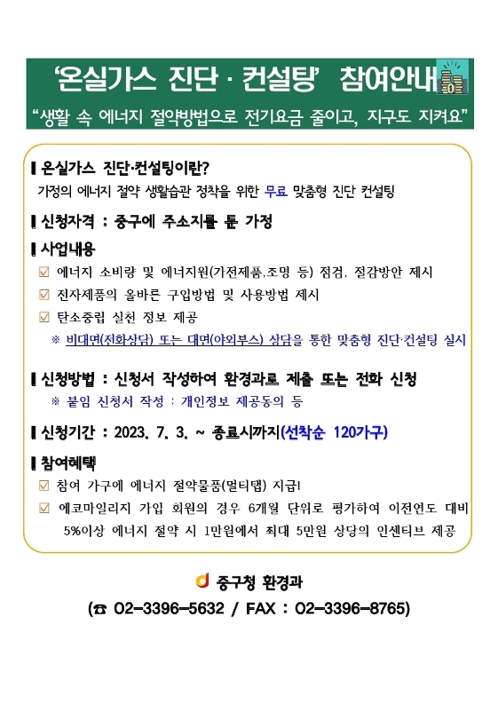 
'온실가스 진단 및 컨설팅' 참여안내
'생활 속 에너지 절약방법으로 전기요금 줄이고, 지구도 지켜요'

*온실가스 진단 및 컨설팅이란? : 
가정의 에너지 절약 생활습관 정착을 위한 무료 맞춤형 진단 컨설팅

*신청자격: 중구에 주소지를 둔 가정

*사업내용:
-에너지 소비량 및 에너지원(가전제품, 조명 등) 점검, 절감방안 제시
-전자제품의 올바른 구입방법 및 사용방법 제시
-탄소중립 실천 정보 제공
※비대면(전화상담) 또는 대면(야외부스) 상담을 통한 맞춤형 진단 컨설팅 실시

*신청방법: 신청서 작성하여 환경과로 제출 또는 전화 신청
※붙임 신청서 작성: 개인정보 제공동의 등

*신청기간: 2023.7.3. ~ 종료시까지 선착순 120가구

*참여혜택:
-참여 가구에 에너지 절약물품(멀티탭) 지급!
-에코마일리지 가입 회원의 경우 6개월 단위로 평가하여 이전연도 대비 5%이상 에너지 절약 시 1만원에서 최대 5만원 상당의 인센티브 제공

