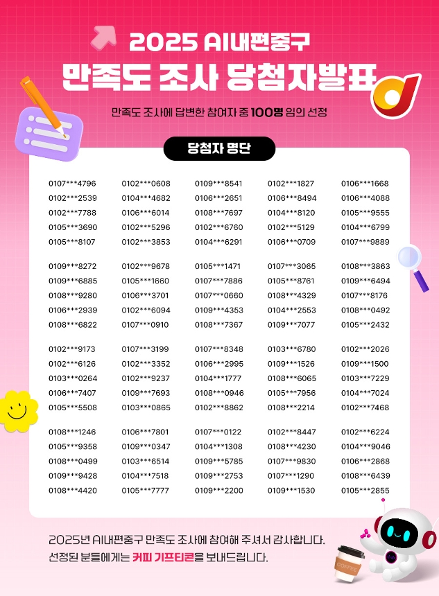 AI내편중구 만족도조사 이벤트 당첨자 발표