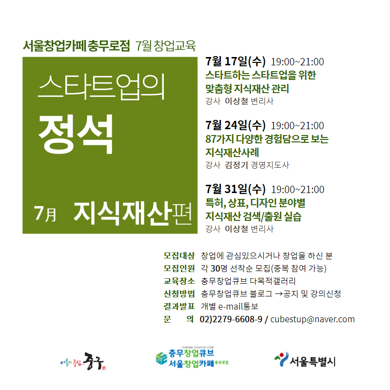 서울창업카페충무로점 7월창업교육 스타트업의 정석 7月지식재산편 7월17일(수) 19:00~21:00 스타트하는 스타트업을 위한 맞춤형 지식재산 관리 강사 이상철 변리사 7월 24일(수) 19:00~21:00 87가지 다양한 경험담으로 보는 지식재산사례 강사 김정기 경영지도사 7월 31일(수) 19:00~21:00 특허, 상표, 디자인 분야별 지식재산 검색/출원 실습 강사 이상철 변리사 모집대상 창업에 관심있으시거나 창업을 하신 분 모집인원 각 30명 선착순 모집(중복 참여 가능) 교육장소 충무창업큐브 다목적갤러리 신청방법 충무창업큐브 블로그 → 공지 및 강의신청 결과발표 개별 e-mail통보 문의 02)2279-6608~9 / cubestup@naver.com
