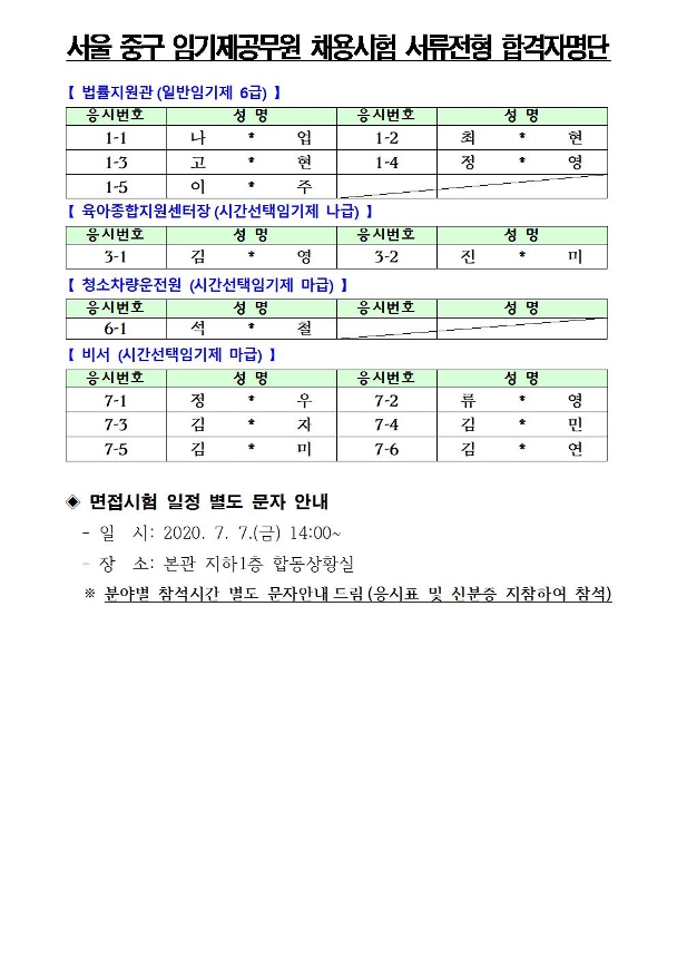 임기제공무원 채용시험 서류전형 결과 발표 자세한 내용은 아래 참고