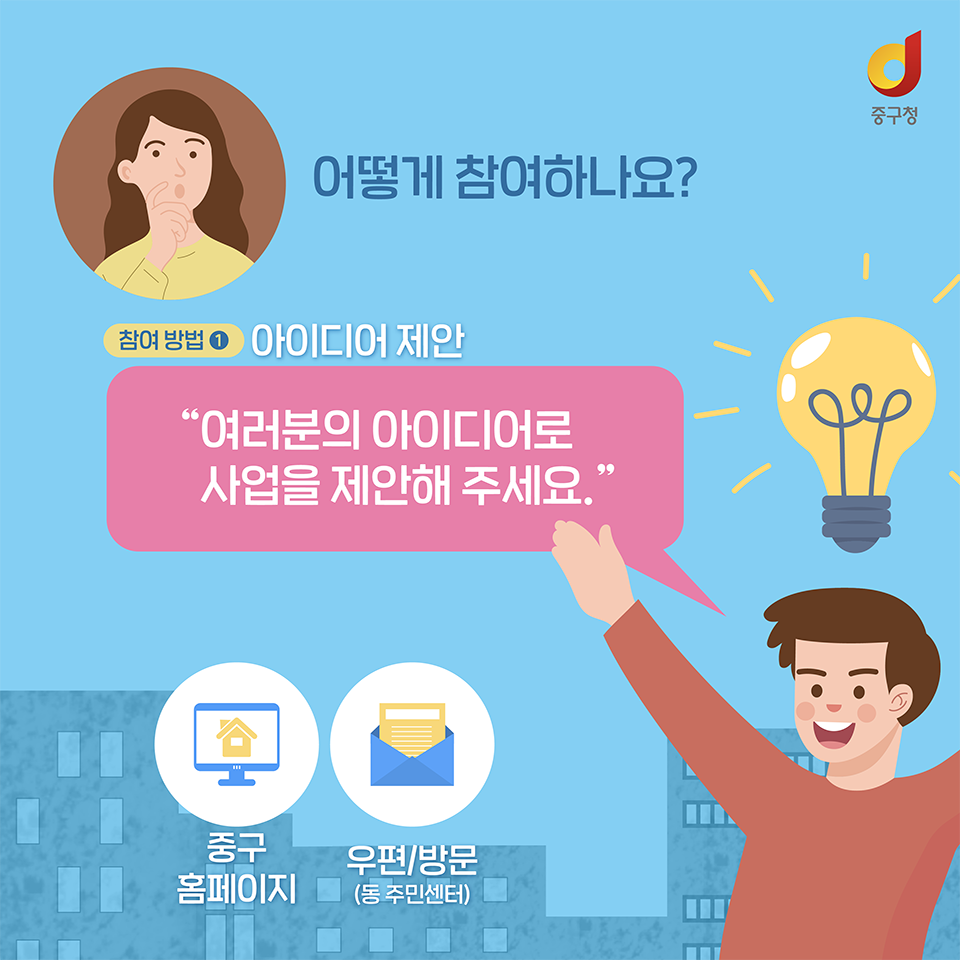 
어떻게 참여하나요?
참여방법1. 아이디어 제안
'여러분의 아이디어로 사업을 제안해 주세요.'
중구 홈페이지 또는 우편/방문(동 주민센터)
