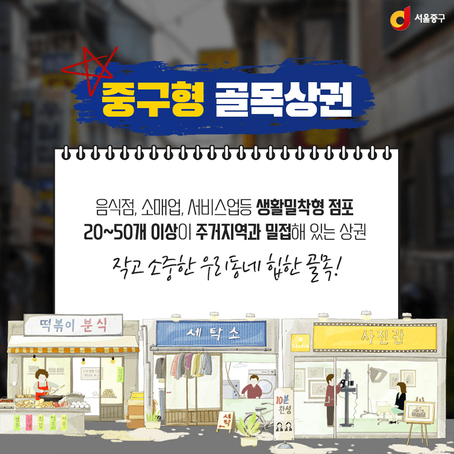 중구형 골목상권. 음식점, 소매업, 서비스업등 생활밀착형 점포 20~50개 이상이 주거지역과 밀접해 있는 상권. 작고 소중한 우리동네 힙한 골목!