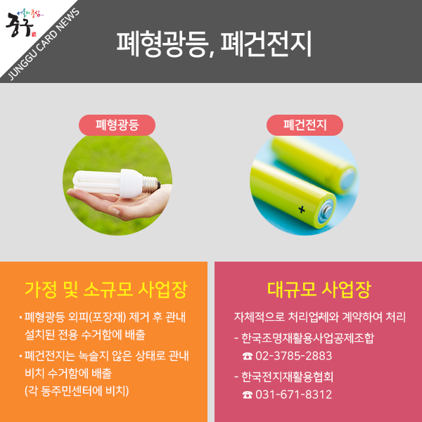 폐형광등, 폐건전지 - 가정 및 소규모 사업장 : 폐형광등 외피(포장재) 제거 후 관내 설치된 전용 수거함에 배출, 폐건전지는 녹슬지 않은 상태로 관내 비치 수거함에 배출(각 동주민센터에 비치). 대규모 사업장-자체적으로 처리업체와 계약하여 처리 -한국조명재활용사업공제조합 02-3785-2883, 한국전지재활용협회 031-671-8312