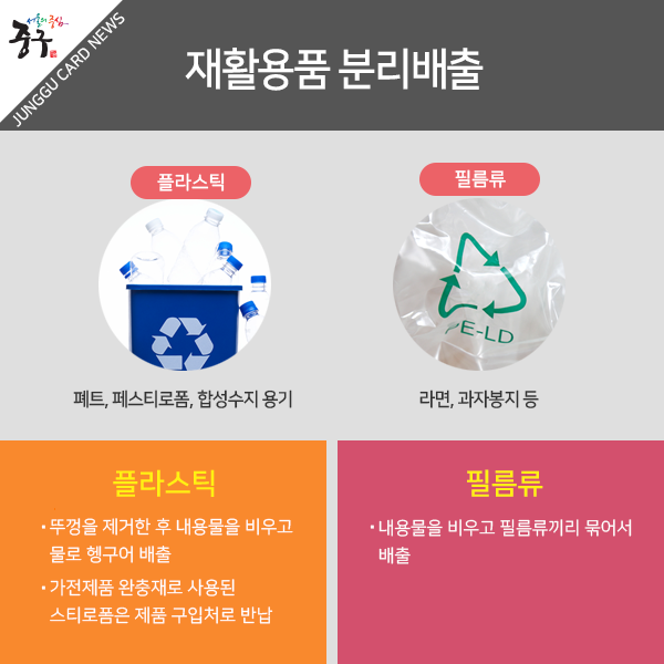 재활용품 분리 배출 - 플라스틱 : 뚜껑을 제거한 후 내용물을 비우고 물로 헹구어 배출 -가전제품 완충재로 사용된 스티로폼은 제품 구입처로 반납, 필름류: 내용물을 비우고 필름류끼리 묶어서 배출