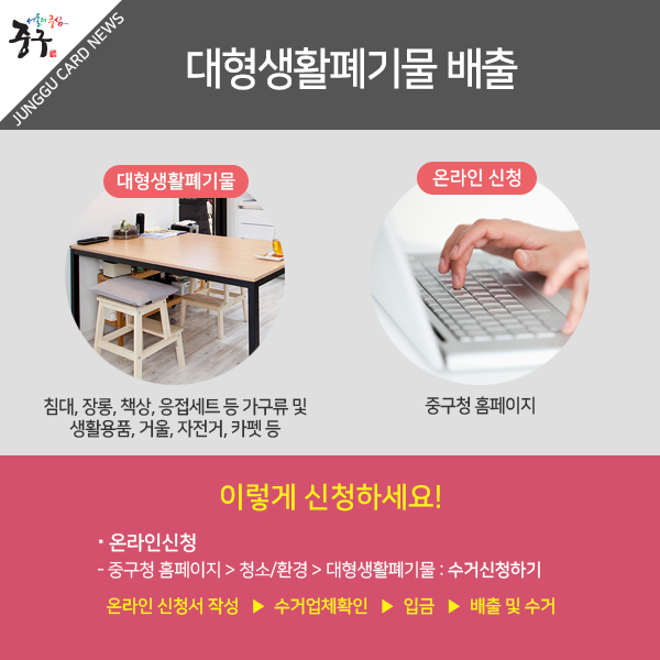 대형생활폐기물의 종류 : 침대, 장롱, 책상, 응접세트 등 가구류 및 생활용품, 거울, 자전거, 카펫 등. 신청방법(온라인신청): 중구청 홈페이지>청소/환경>대형생활폐기물 : 수거신청하기