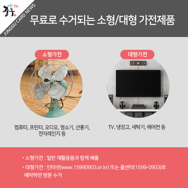 무료로 수거되는 소형/대형 가전제품 - 소형가전 : 컴퓨터, 프린터, 오디오, 청소기, 선풍기, 전자레인지 등 일반 재활용품과 함께 배출. 대형가전 : TV, 냉장고, 세탁기, 에어컨 등. 인터넷(www.15990903.or.kr) 또는 콜센터(1599-0903)로 예약하면 방문 수거