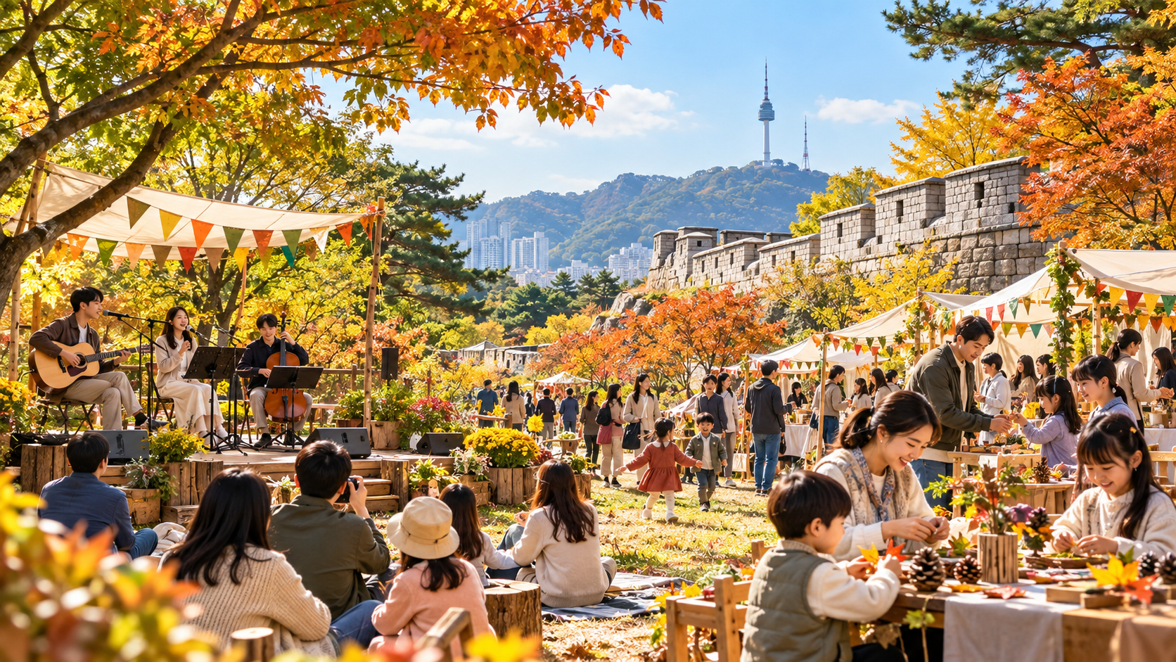 남산 숲속에서 공연과 자연 체험을 즐기는 가족들의 AI 제작 축제 이미지