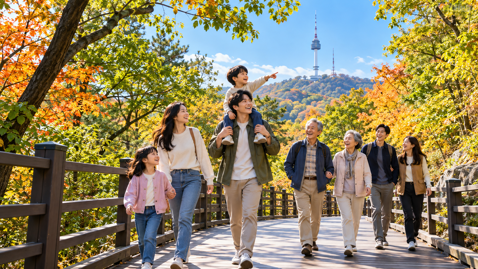 밝은 가을 햇살 아래 남산 숲길을 함께 걷는 가족과 이웃의 AI 제작 이미지